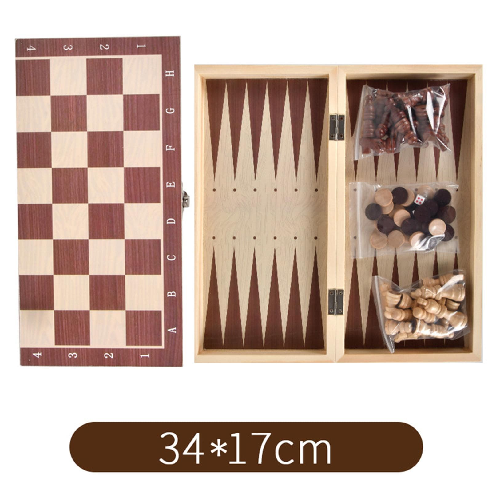 3 In 1 Wooden Chess Checkers Backgammon Set Portable Wooden Chess Set for Adults Kids 34 x 17cm
