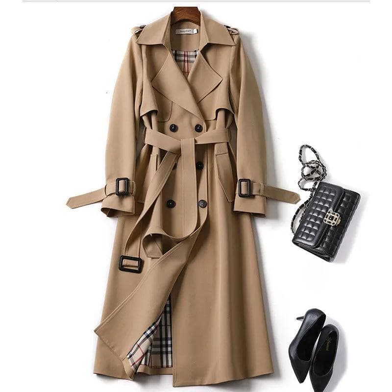 Windbreaker Women's Mid-length Spring and Autumn Large Size Popular British Style Over-the-knee Coat XXXL khaki