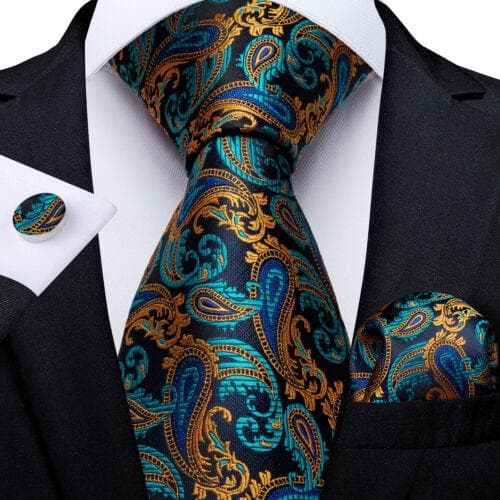 DiBanGu Mens Silk Necktie Set Striped Paisley Solid Tie Pocket Square Cufflinks N-7308