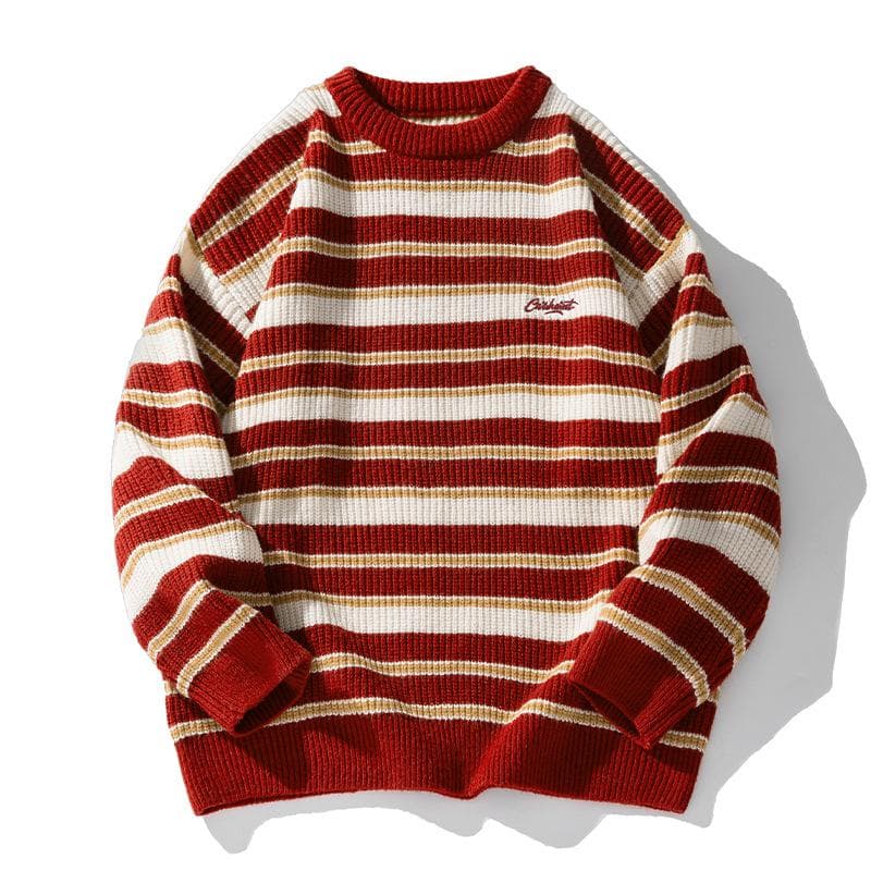 Men's Striped Knit Sweater Pullovers Oversized Knitwear Winter Korean Autumn Clothes Japanese Style sweather men 2XL red