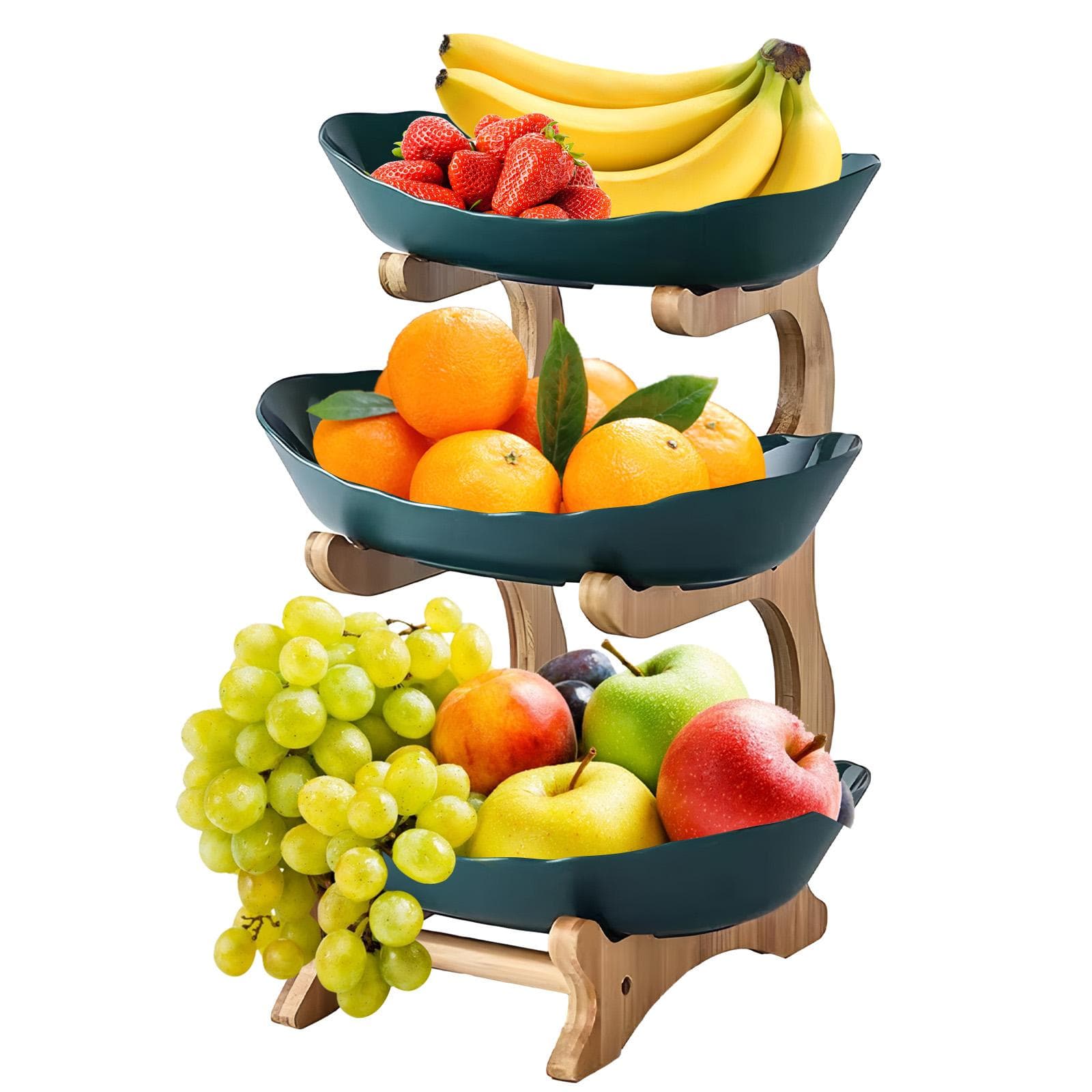 3 Tier Fruit Basket for Kitchen Plastic Fruit Bowl with Bamboo Wood Stand Easy Install 3 Tier Plastic Tray dark green