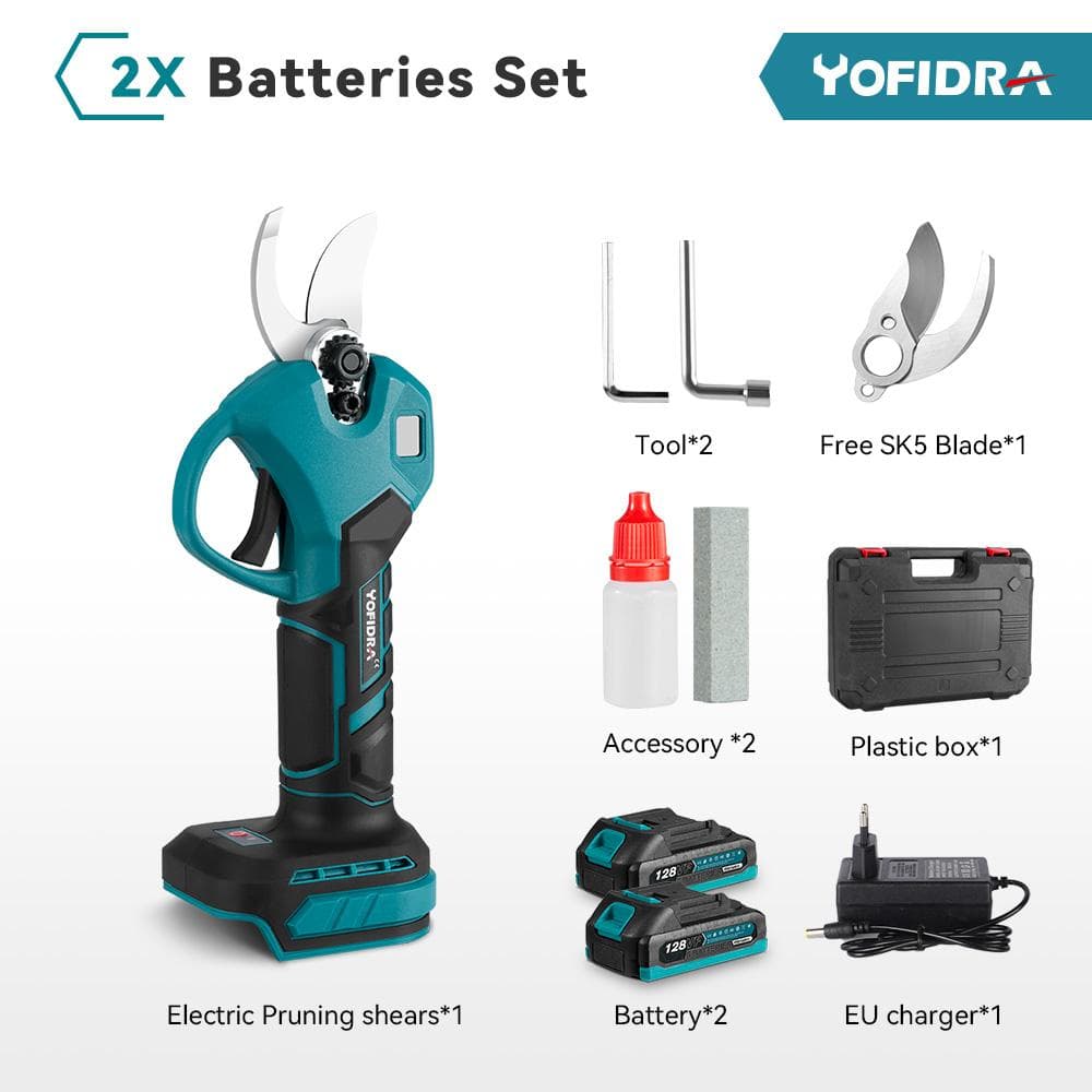 Yofidra 21V Brushless Electric Pruner Shear Digital display Cordless Fruit Tree Bonsai Pruning 2 Gears  Electric Scissors For Makita  Battery 2xbattery