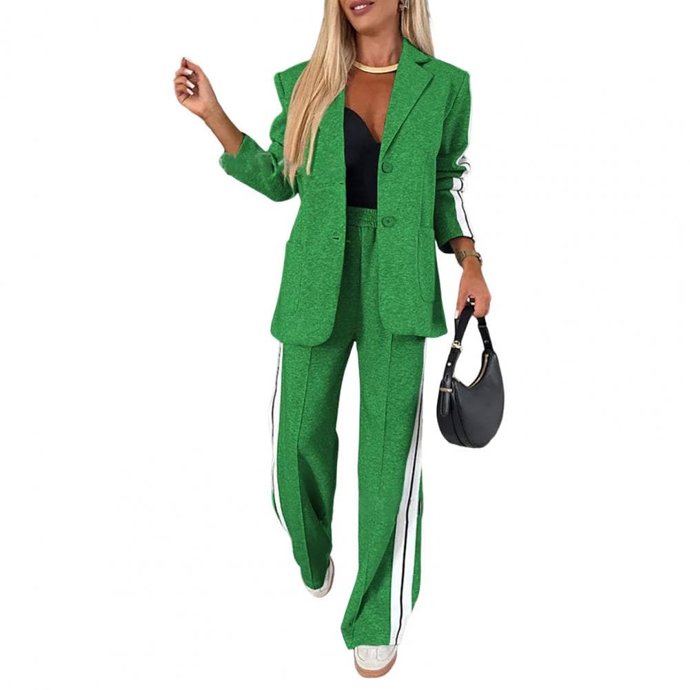 Women Shirt Pants Set Elegant Women's Formal Coat Pants Set with Striped Wide Leg Trousers Chic Single-breasted Jacket for Daily S green