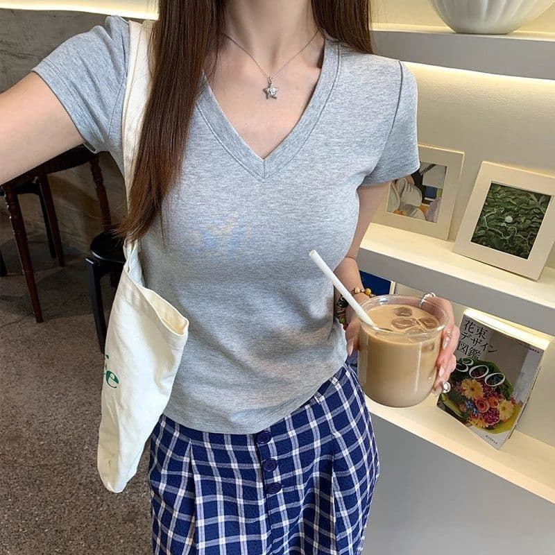 V-neck Design Slim Short-sleeved T-shirt for Women In Summer New Slim and Versatile Solid Color Simple Top XL