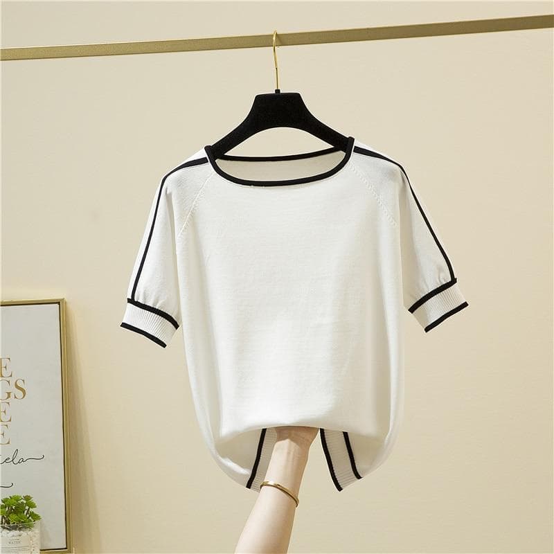 2023 Short Sleeve Thin Knitted T Shirt Women Summer Tops Woman Clothes Striped Fashion T-Shirt Tee Shirt Femme 18841 XL white