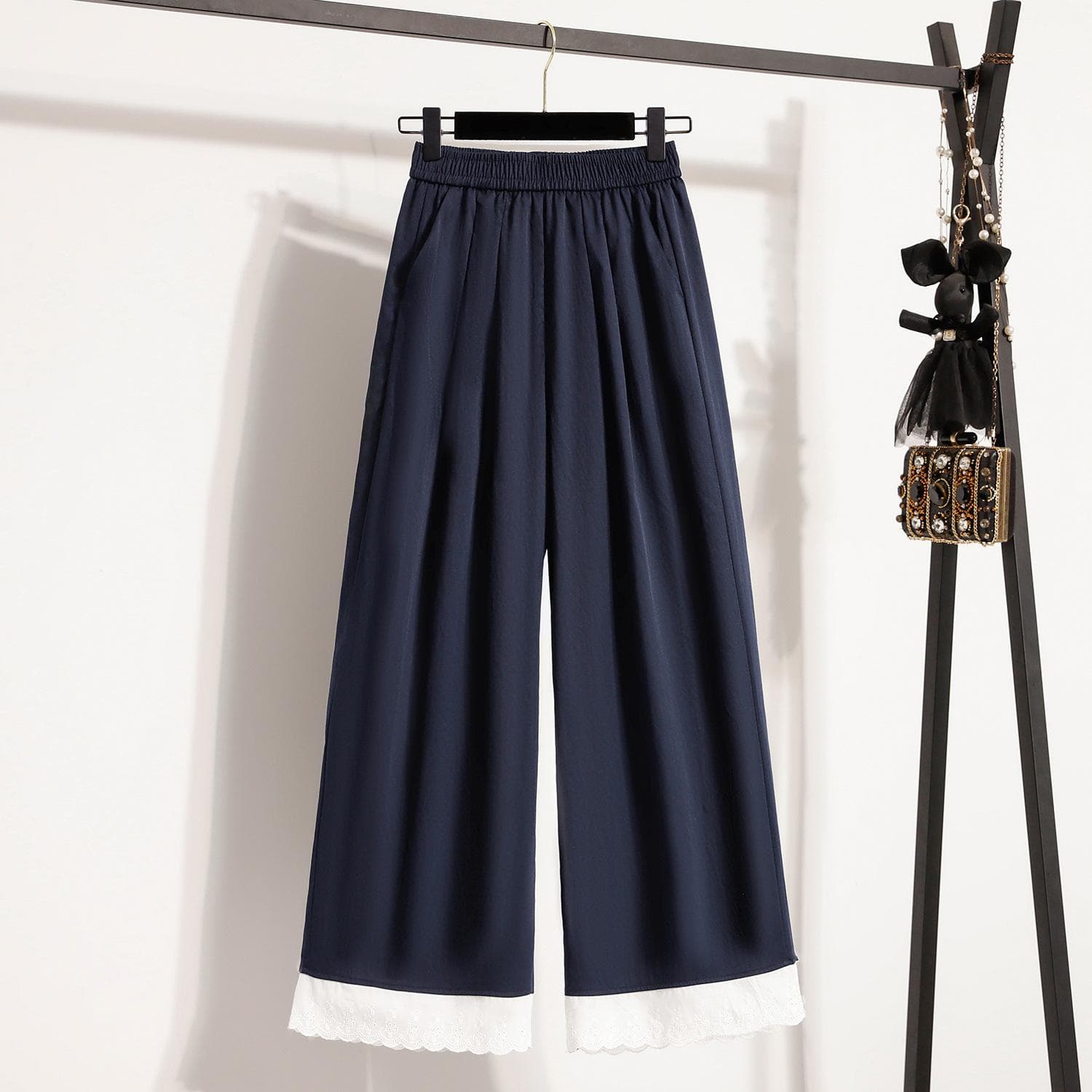 Lace Splicing Wide-leg Pants Women's Spring and Summer New Casual Loose Straight-leg Pants 2XL dark blue