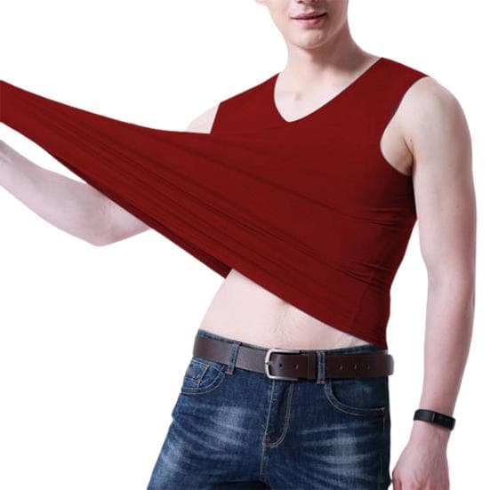 M Wardrobe Plus Size Men Sporty Solid Color Sleeveless V Neck Slim Seamless Vest Tank Top XXL wine red