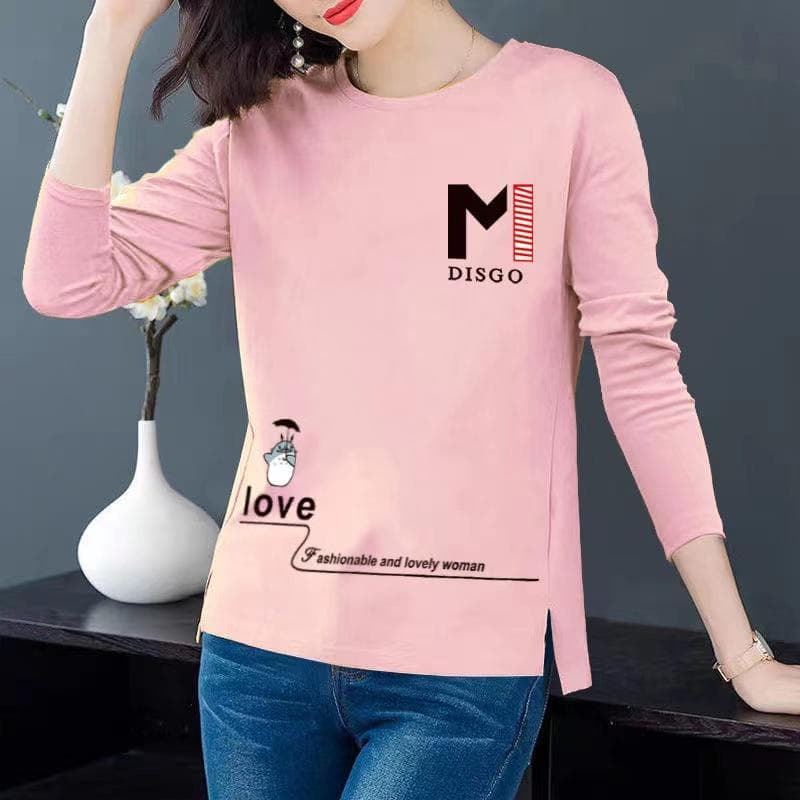 Spring Autumn Long Sleeve Crew Neck T Shirts Pullover Cute Letter Printed Casual Tops Ladies Blouse M pink