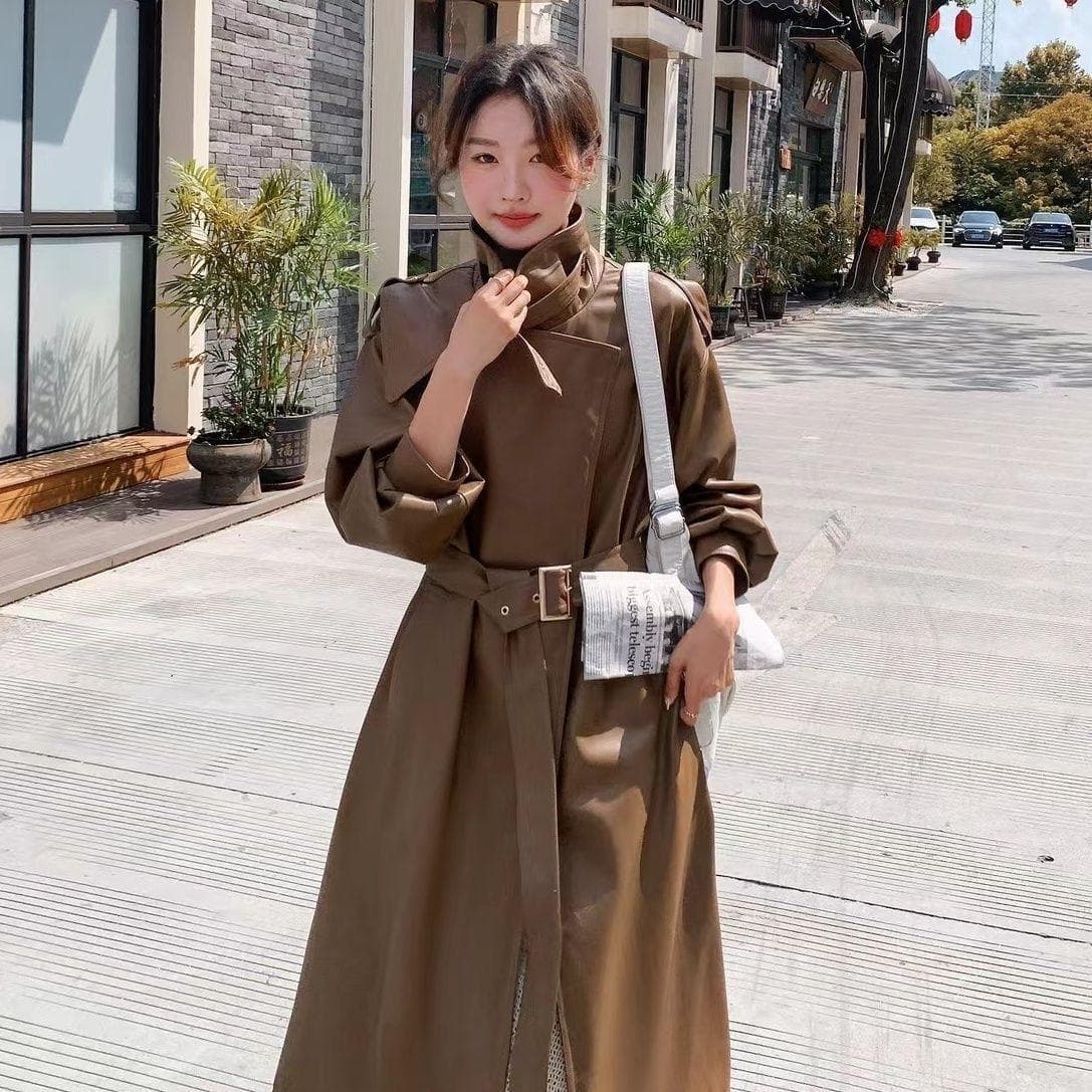 New Autumn and Winter PU Leather Coat for Women, Long Over-the-knee Slim Windbreaker Jacket with Belt and Temperament Coat L brown