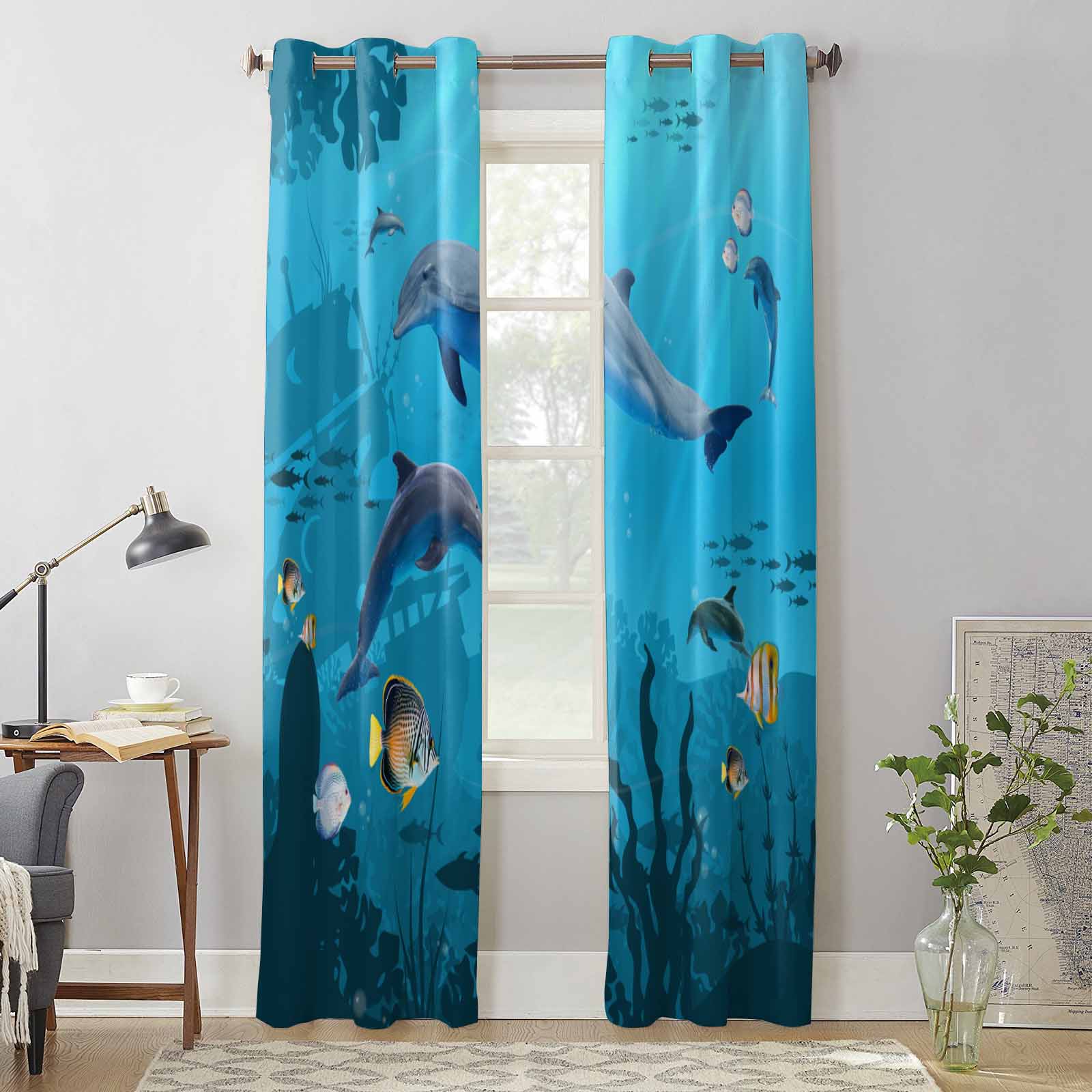 Summer Sea Life Dolphin Fish Window Curtains for Living Room Luxury Bedroom Curtain Kitchen Blinds Drapes Curtains 135W x 60H(cm) x1