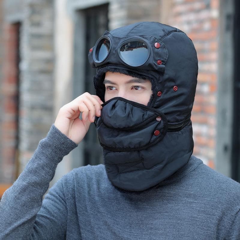 Winter Thermal Trapper Hat with Glasses Winter Cycling Windproof Ski Mask Cap black