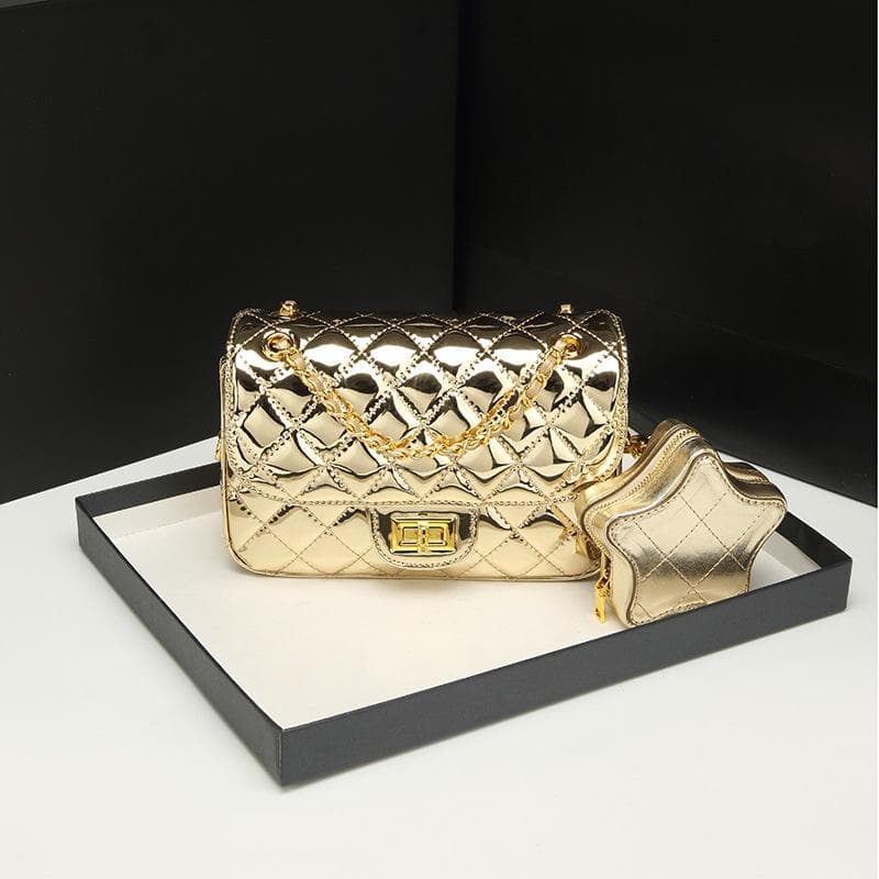 High Sense Fashion Small Fragrant Wind Diamond Chain Bag Female Bright Face Design Single Shoulder Crossbody Small Square Bag gold