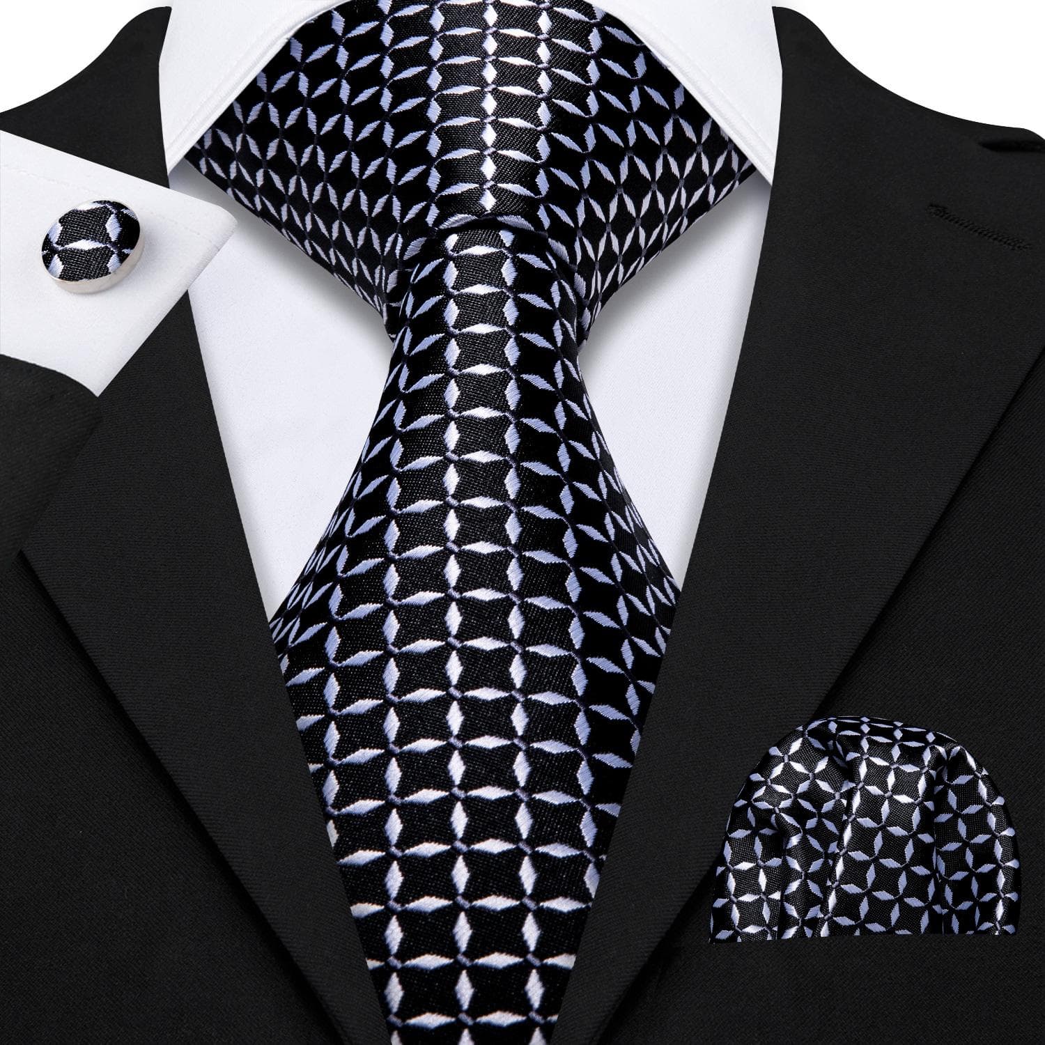 Hi-Tie Mens Accessories Silk Tie Handkerchief Cufflinks Set for Wedding Party Floral Solid Necktie N-0527