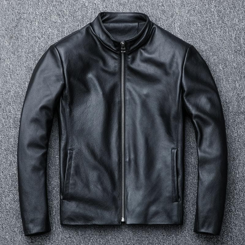 New Autumn and Winter Genuine Leather Jacket Men's First Layer Cowhide Slim Stand Collar Short Style M black