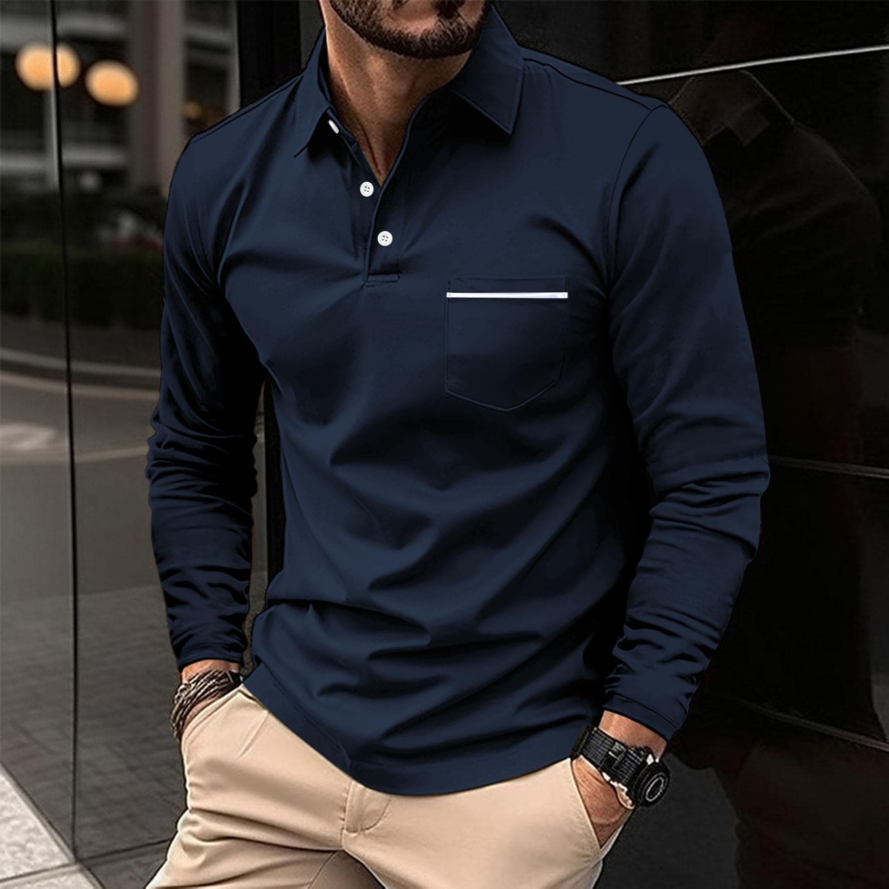 Spring Autumn Man Long Sleeve POLO Shirt Lapel Button Pocket Men's Sports Polos Shirts L
