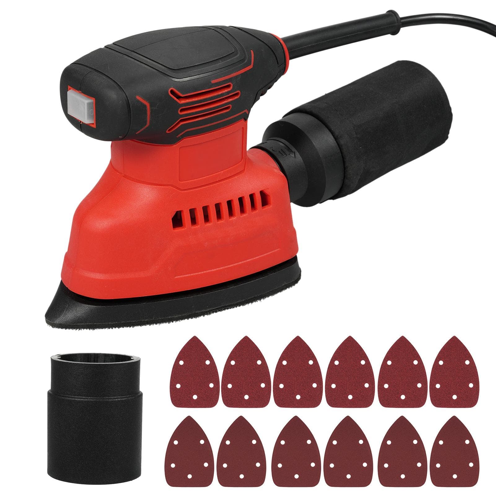 Detail Sander 130W 1.1A Powerful Motor 12000RPM Electric Sander with 12PCS Sandpapers Dust Bag Soft US Plug & 2Pcs Sandpapers red
