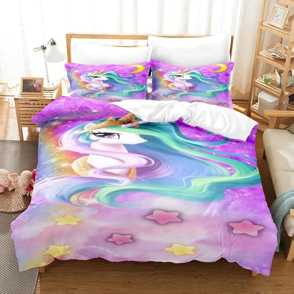 Cartoon Unicorn Cute Pink Blue Fairy Tale Animals Bedding Set Boys Girls Twin Queen Size Duvet Cover Pillowcase Bed Kids Adult 70x133cm 2pcs