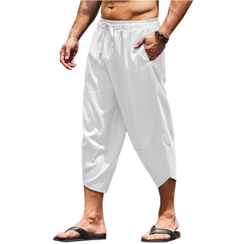 Mens Cotton Linen Shorts 3/4 Loose Fit Bermuda Pants Short Summer Long Casual S white