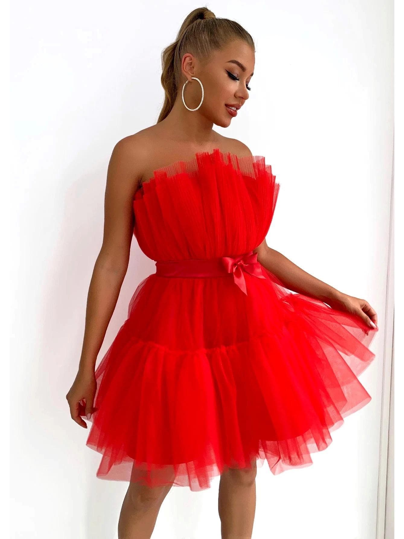 WT2025 Elegant Mesh Tulle Bow Dress XX-Large red