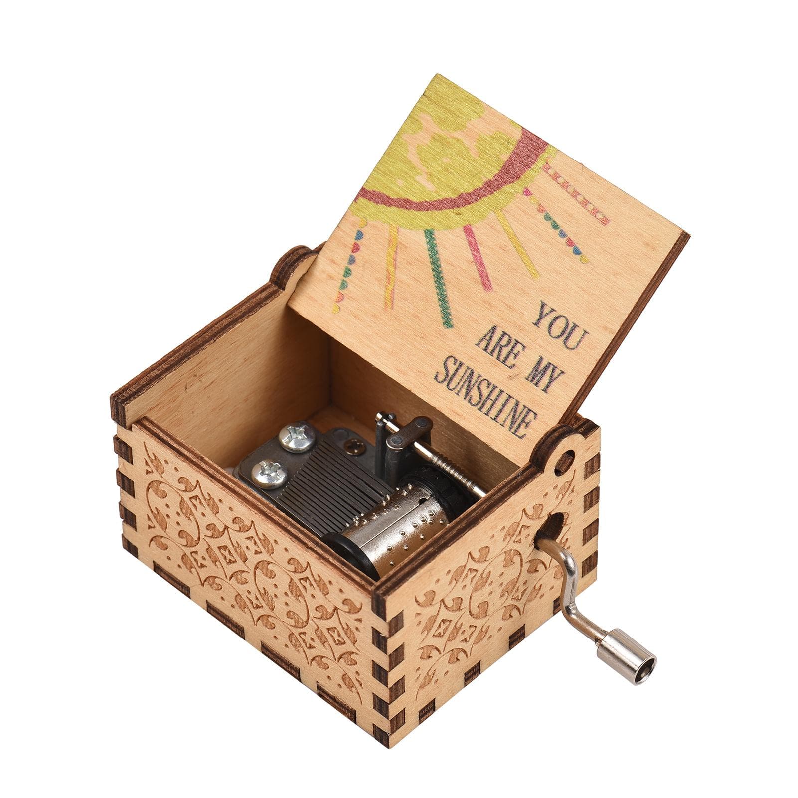 Vintage Wooden Music Box Palm-size Hand Crank Wood Case Musicbox Beautiful Carved Wooden Musical You are My Sunshine(Wood Color)