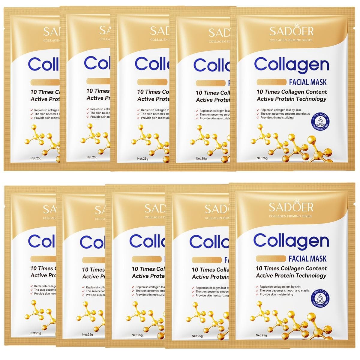 SADOER Collagen Facial Masks with Active Protein Technology - Deep Moisturizing & Firming, 16% Collagen Content for Enhanced Skin Health, Skin Firming 10pcs