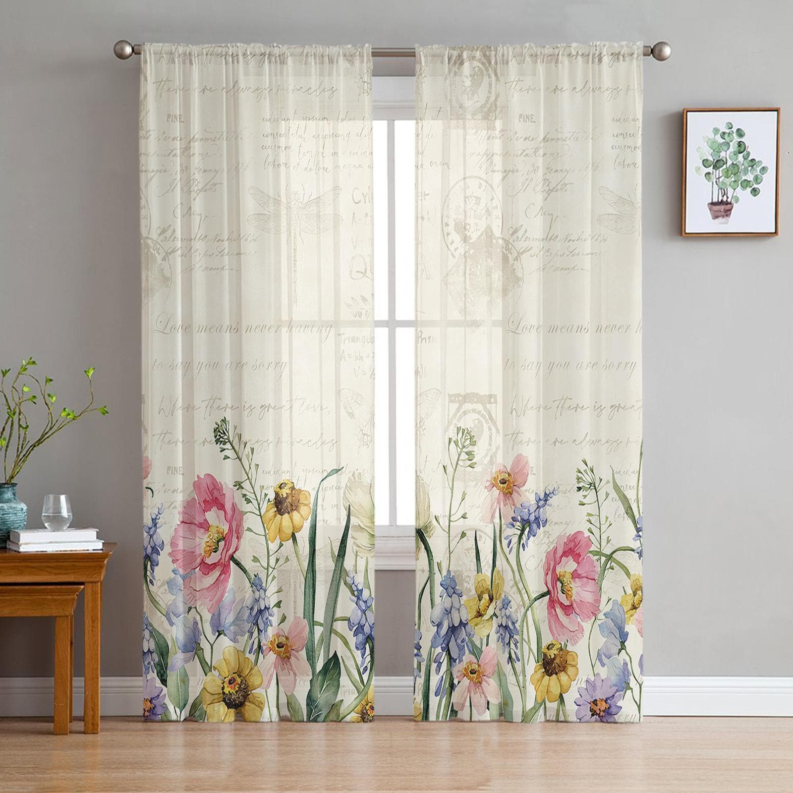 Spring Flowers Plants Wildflowers Voile Sheer Curtains Living Room Window Tulle Curtain Kitchen Bedroom Drapes Home Decor 135W x 114H(cm)