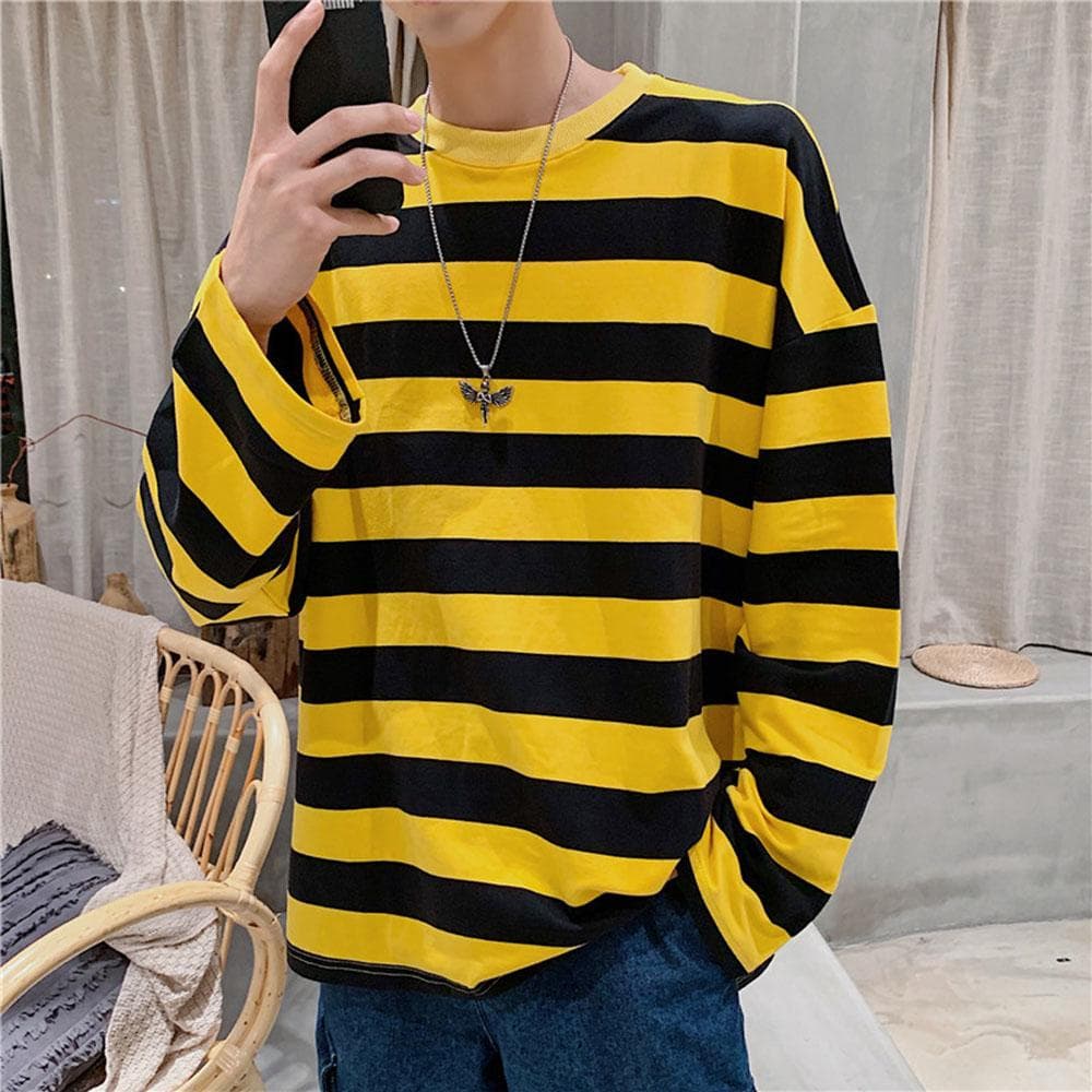 Spring Autumn Striped T Shirts Men Casual Long Sleeve Tshirt Male Loose Pullovers Tops Man Winter T-shirt For Men Clothing S