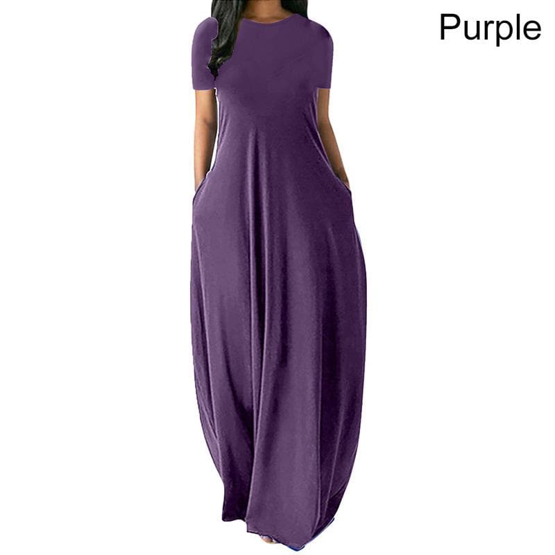 Women Casual Loose O-Neck Long Dresses Short Sleeve Summer Beach Dress Elegant Evening Party Dress 2XL purple