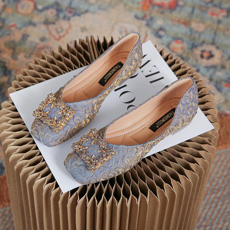 New Style Shoes Women's Flat Shallow Mouth Square Toe Shoes Soft Leather Soft Bottom Single Shoes Women's Large Size Outerwear Grandma's Shoes 42 blue