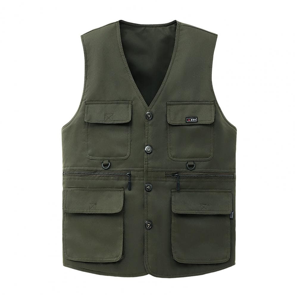 Men Waistcoat Single-breasted V-neck Workwear Style Vest with Multiple Pockets Solid Color Fishing Photo Vest Coat XXXL army green