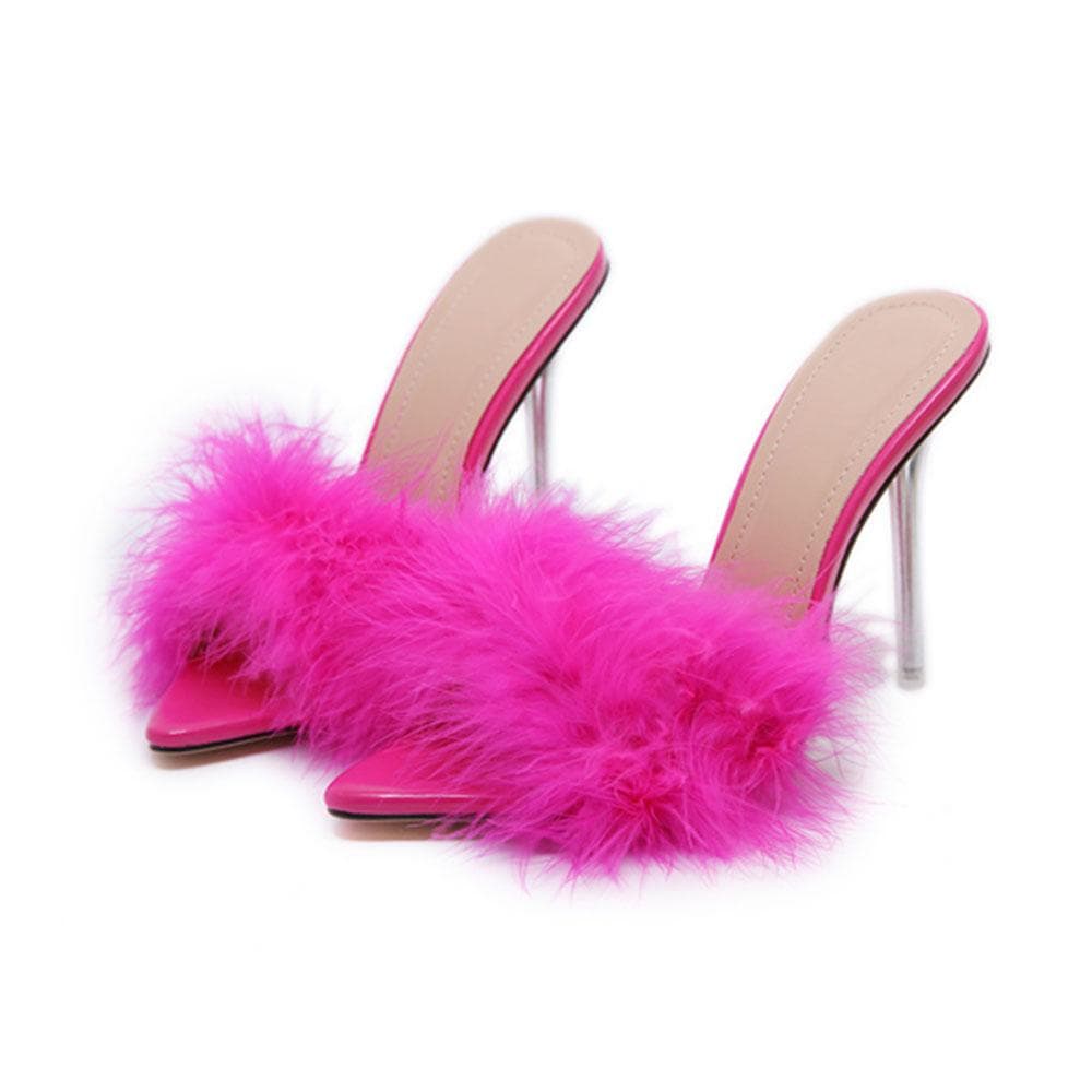 Summer Feather Pointed Toe High Heels Mules Sandals Metal Thin Heels Sexy Party Pole Dance Women's Shoes 39