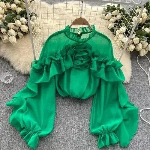 Irregular 3D Flowers Blouse for Women O-neck Flounced Edge Long Puff Sleeve Shirts French Chic Pullover Female Tops Dropshipping One Size green
