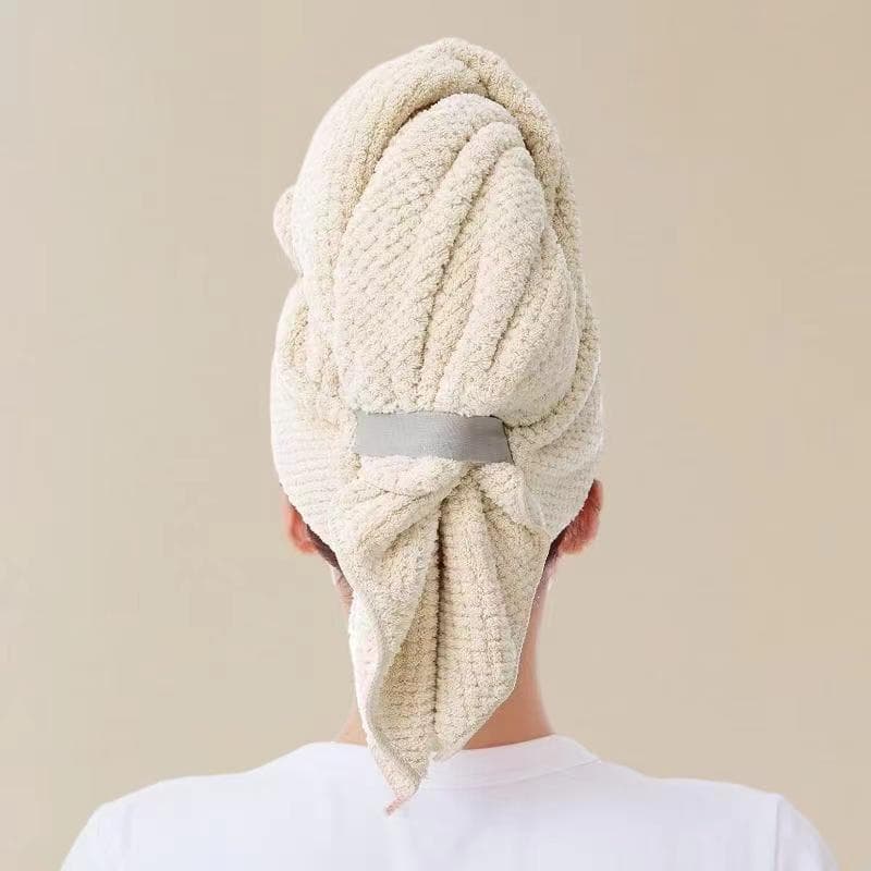 Large Solid Color Water Absorbent Hair Drying Towel Microfiber Hair Towel Wrap With Elastic Strap Soft Quick Drying Towel beige