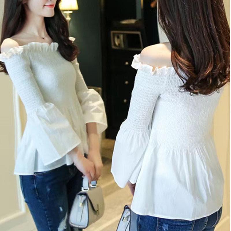 Slash Neck Ruffles Folds Balck Women Blouse Off Shoulder Shirt Elastic Waist Long Sleeve Top Sweet Sexy Butterfly Sleeve Summer One Size white