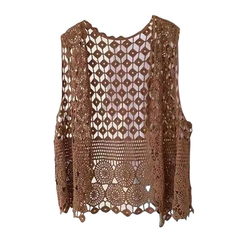 Women Vest Stylish Women's Crochet Sleeveless Cardigan Lightweight Open Stitch Summer Vest Retro Knitted Outwear Coat for Daily One Size coffee