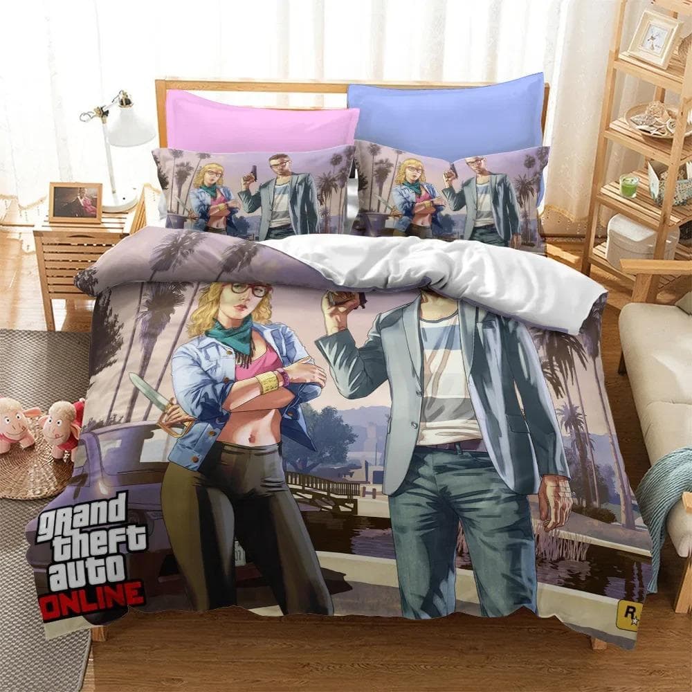 3D Cartoon Game Grand Theft Auto Duvet Cover with Pillow Cover Bedding Set Single Double Twin Full Queen King Bed Set Room Decor 70x133cm 2pcs