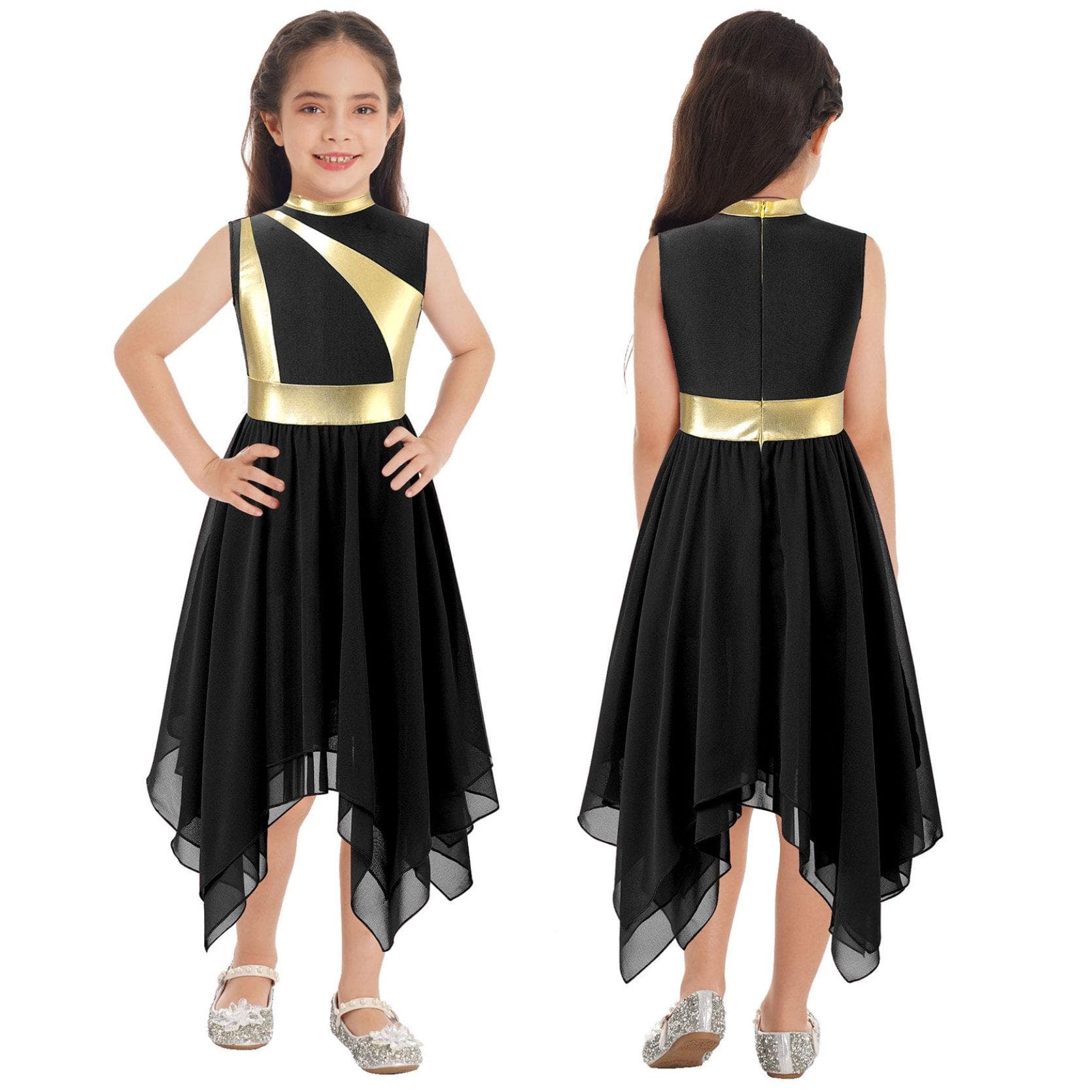 Kids Girls Praise Dancing Dress Metallic Patchwork Sleeveless Asymmetrical Hem Dress Modern Lyrical Dance Costume 13-14 Years black
