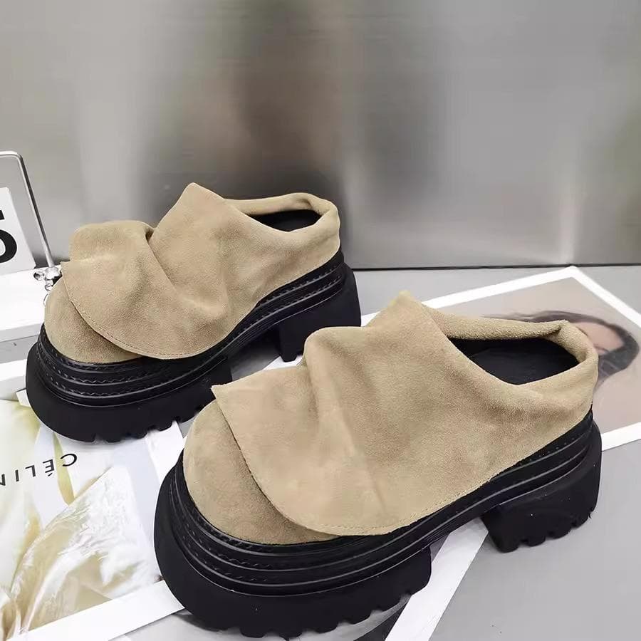 Frosted leather platform Boken shoes mop 2025 spring new retro muffin sole slippers casual loafer fashion women's shoes 38 camel