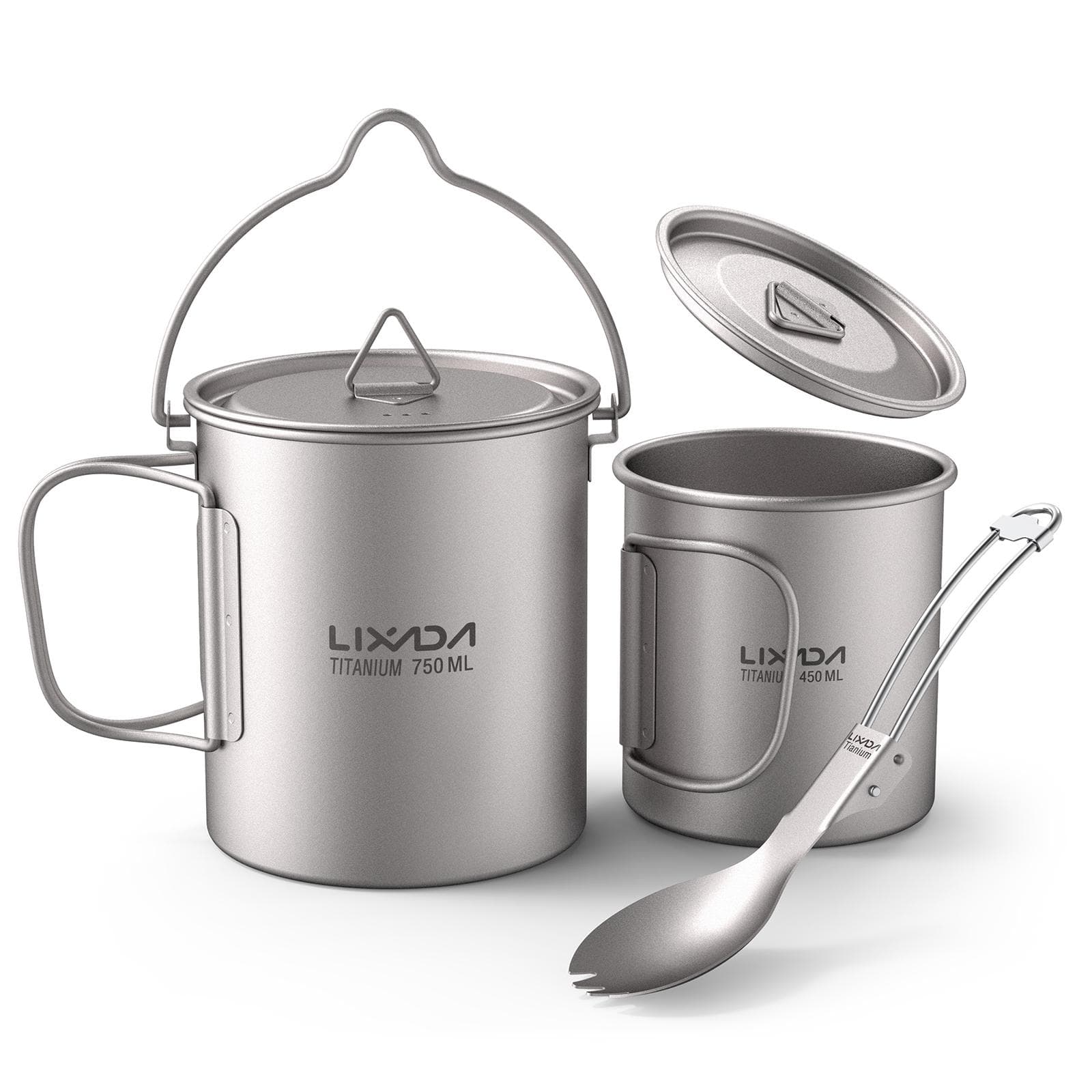 Lightweight Titanium 3 Pieces Set Titanium 750ml Pot 450ml Water Cup Mug with Lid Collapsible 750ML Pot & 420ML Cup & Spork