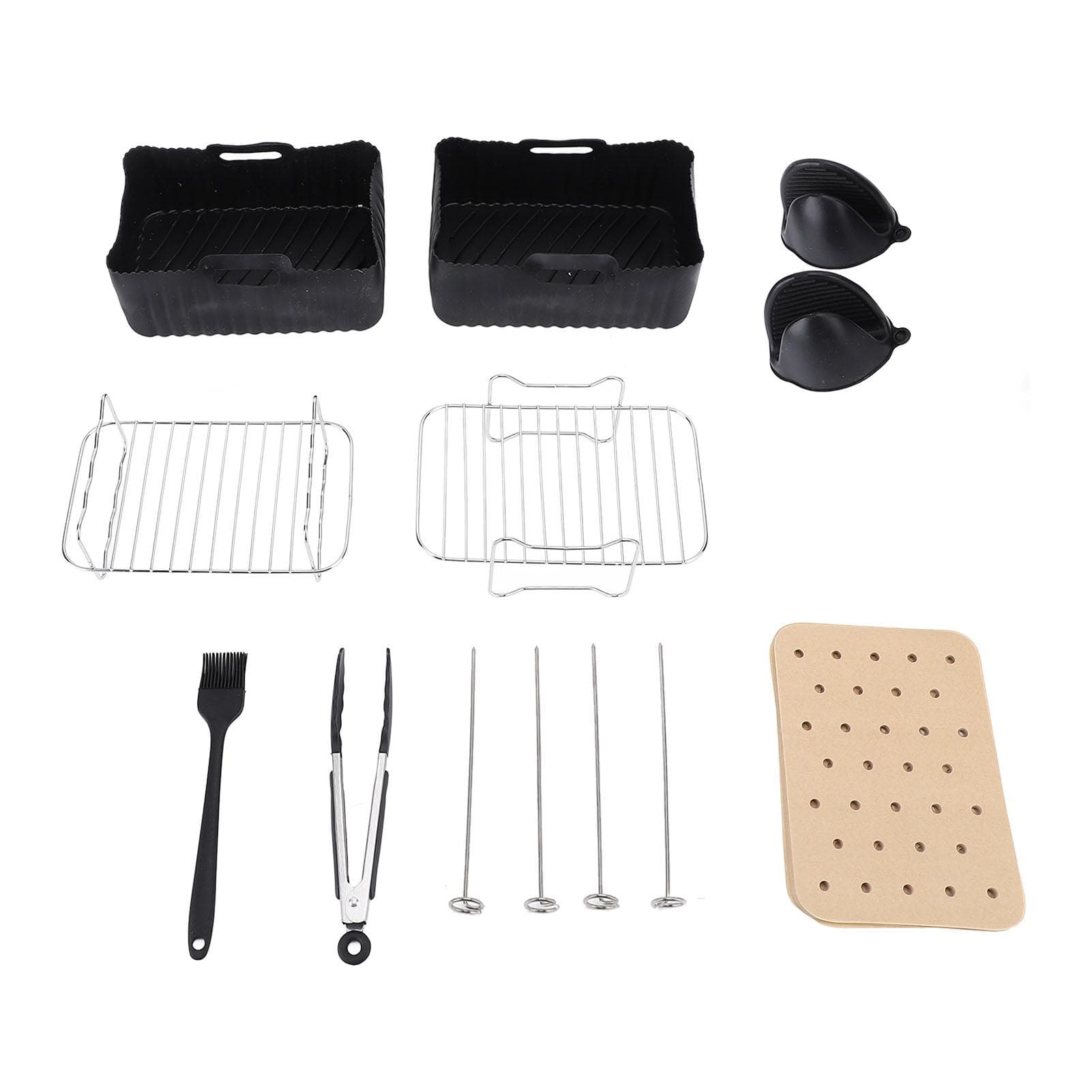 12 Pcs Fryer Accessories Roasting Rack Silicone Basket Brush Tong Skewer Set with Paper Liners