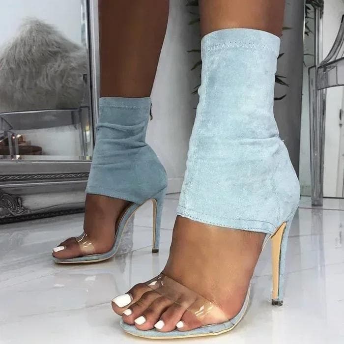 2024 High Heel Ladies Sandals with Zipper Crystal  Sexy Peep Toe Fashion Stretch Denim Women Summer Shoes 38 blue