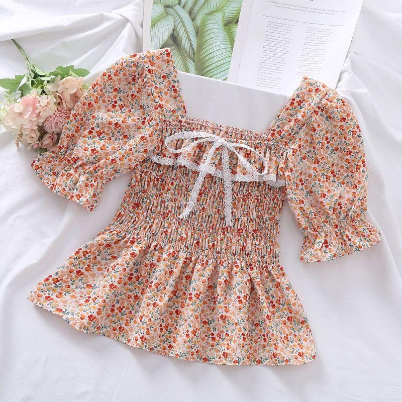 Broken Flower Sweet Puff Sleeve Women Blouse Slim Elastic Waist Square Neck Short Sleeve Top Lace Bow Decoration Fairy Casual L yellow