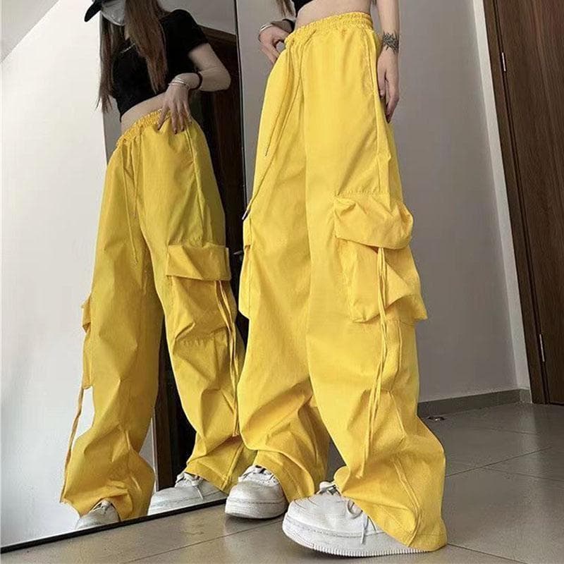 Women Cargo Pants Vintage Fashion High Waist Solid Pockets Drawstring Wide Leg Trousers Streetwear Hip Hop Baggy Tech Joggers Pants Plus Size L yellow