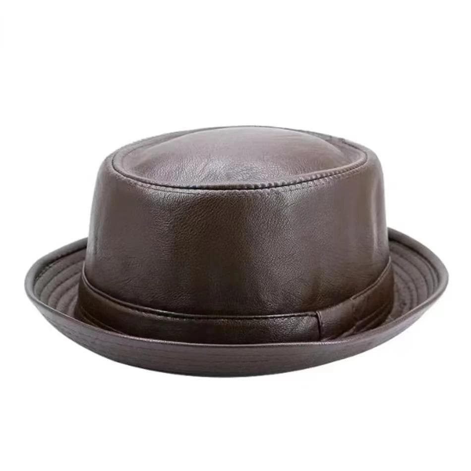 New Fashion Men Black Leather Trilby Hat Male Fedora Cap Retro Women Autumn Brand Porkpie Caps Men's Vintage Jazz Hats 56-58cm brown