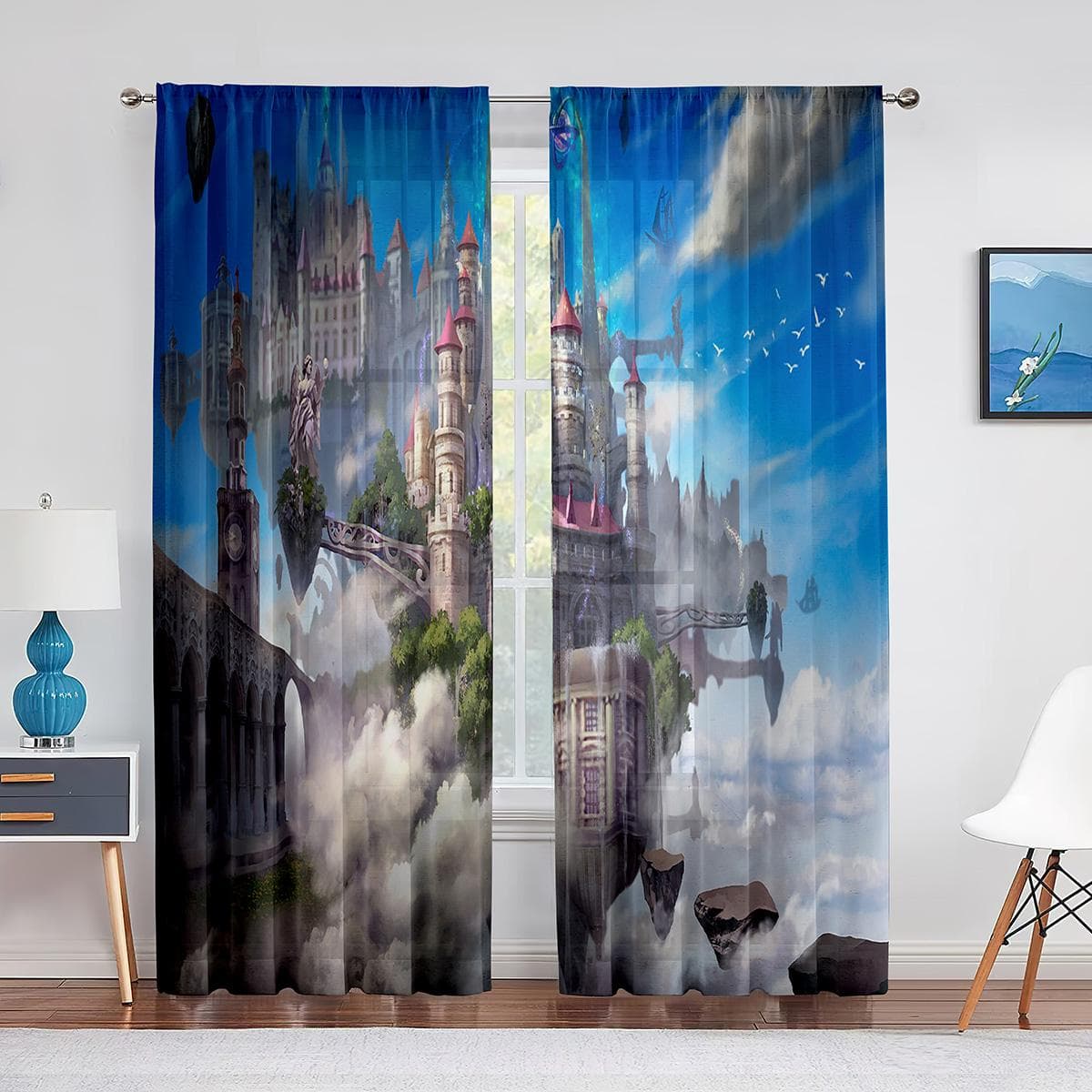 Fantasy Castle City Beside Mountains Sheer Voile Curtain Forest River Window Tulle Curtains for Living Room Bedroom Modern Decor 1 PCS W100XH250cm&Grommet Top
