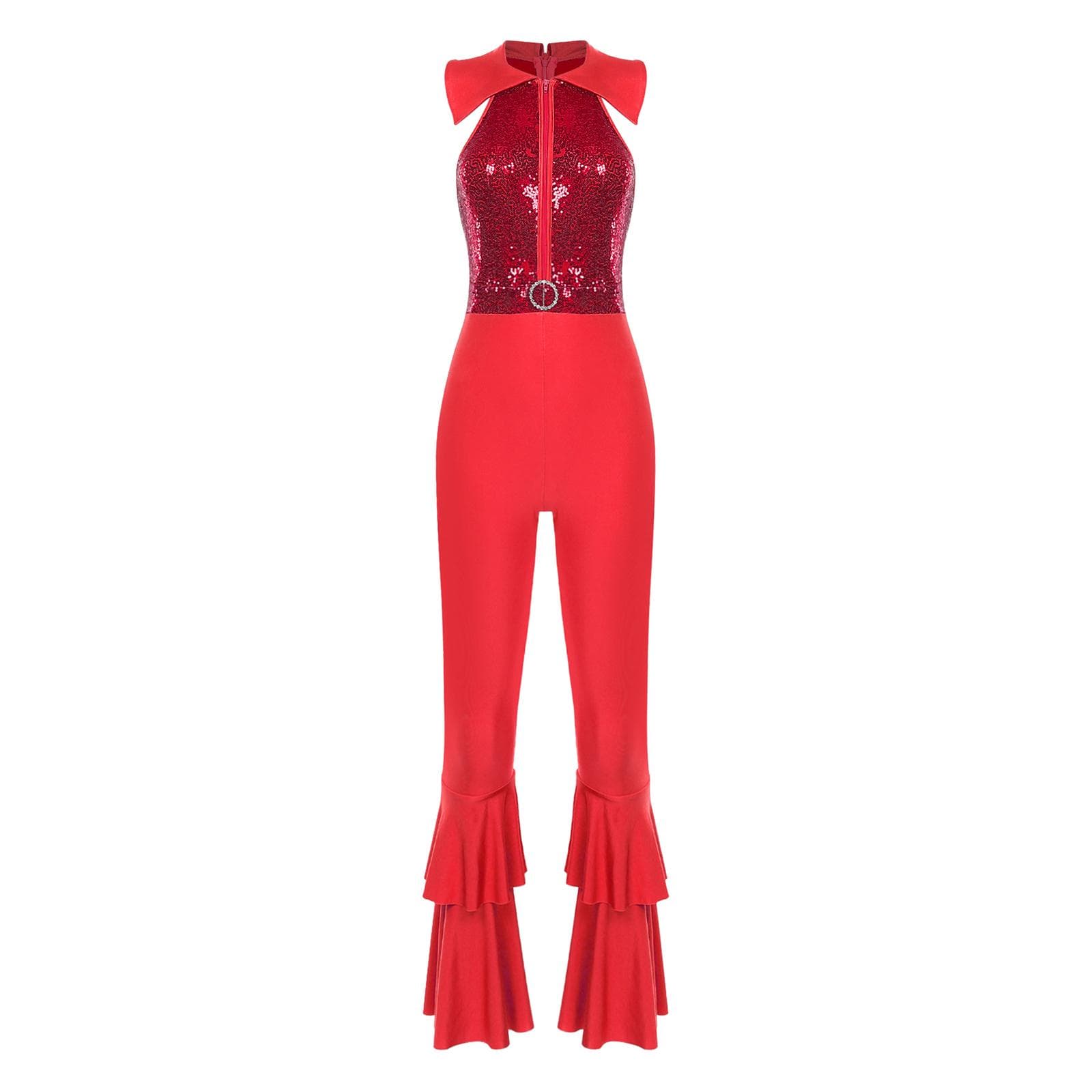 Womens Disco Jumpsuit Shiny Sequins Sleeveless Bell Bottom Design Rhinestone O-Ring Accents for 70s Theme Parties XL red
