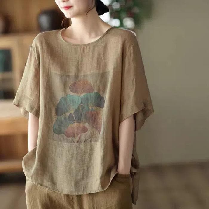 New Summer Retro Cotton and Linen Printed Top for Women Loose Pullovers of Literary Retro Casual Short-sleeved T-shirt 4XL
