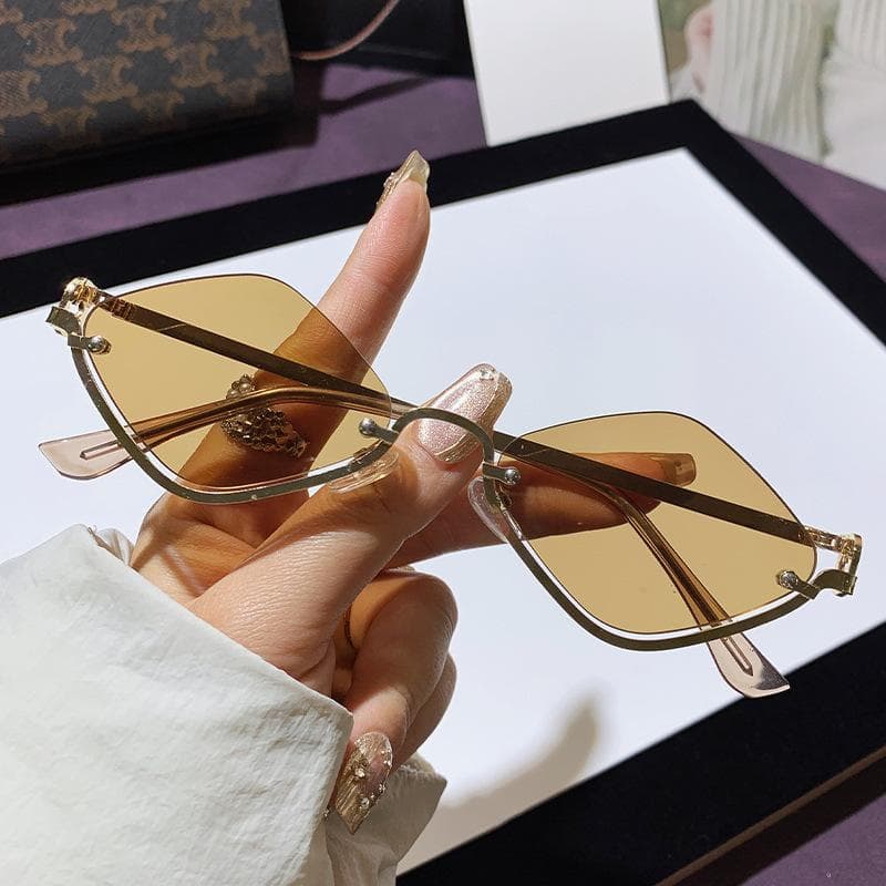 Fashion Half Frame Triangular Diamond Sunglasses Women Metallic Small Frame UV Protection Eyewear Outdoor 1PC