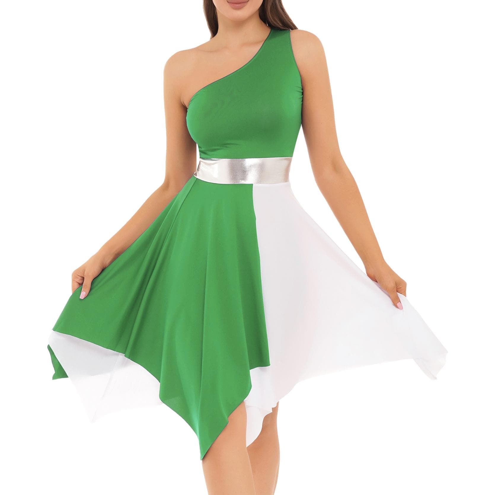 Womens One Shoulder Color Block Dance Dress Patchwork Asymmetrical Hem Sleeveless Dresses Dancewear XXL light green