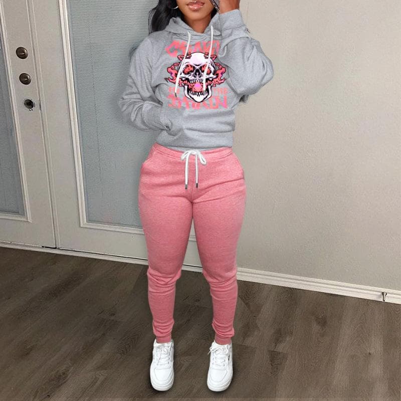 New Ladies Sweater European and American Fleece Sports Suit Bear Print Two-piece Set M